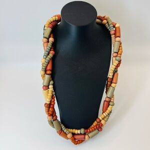 Vintage Boho Wooden Bead Necklace Earth Tone Statement Jewelry